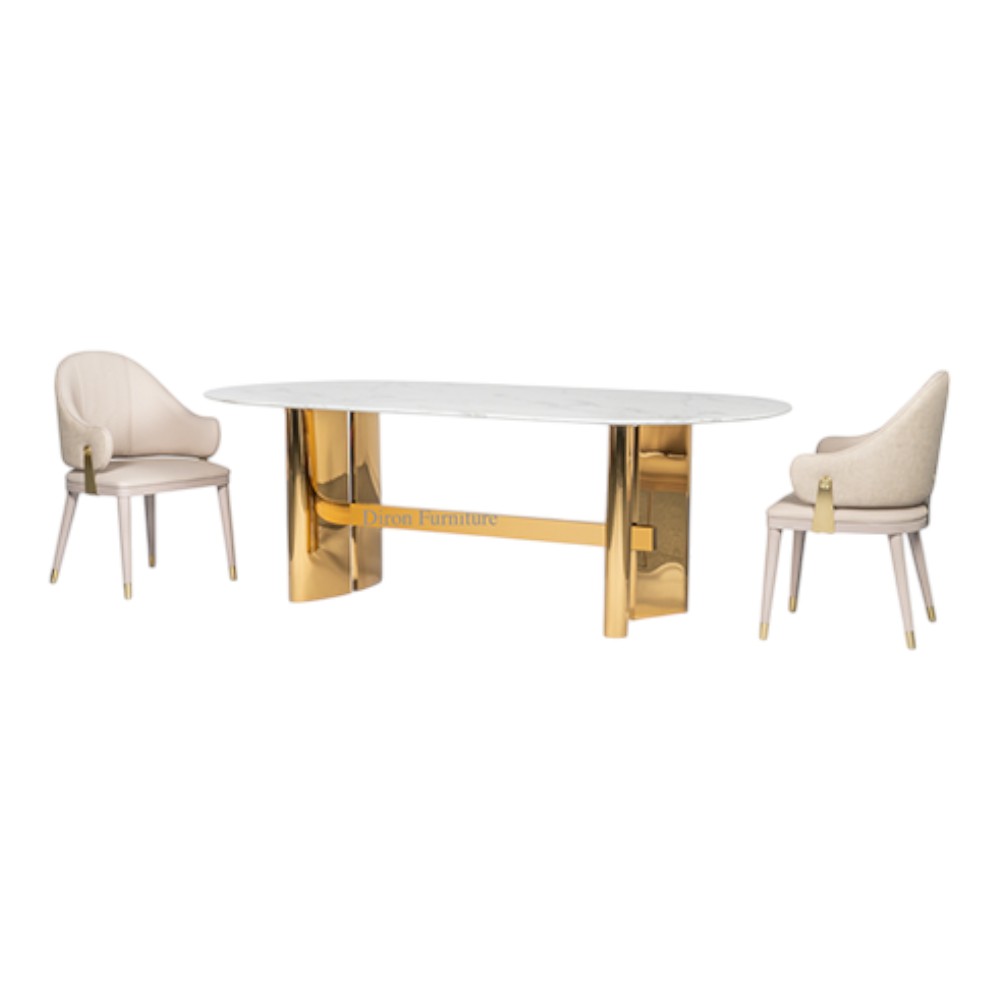 Luxury Oval Dining Table White Faux Marble And Shiny Gold Steel