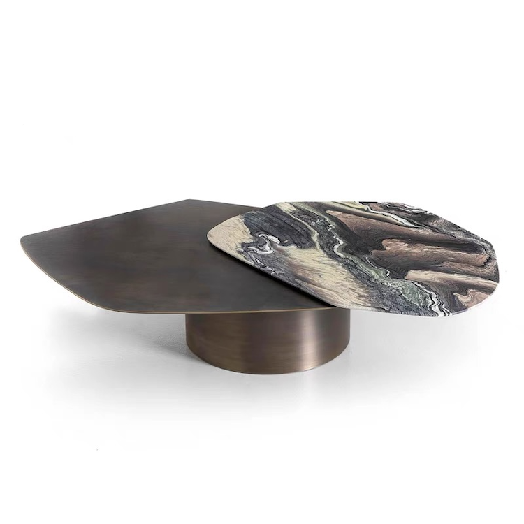 Brass Bronze Metal Coffee Table Marble Top Metal Base Swivel Coffee Table